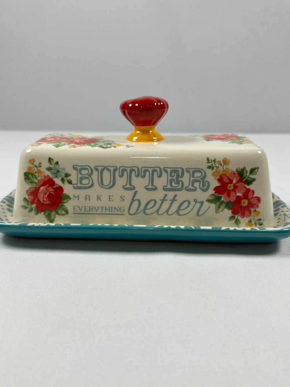 The Pioneer Woman Vintage Floral Butter Dish Stoneware Ceramic Red Teal Yellow